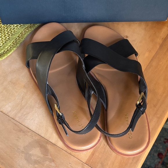 Cole Haan Black Leather Cross-Strap Sandals - Picture 2 of 6